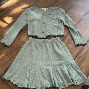 Wild Daisy Sage Green Button-Up Sweater and Skirt SET for Girls